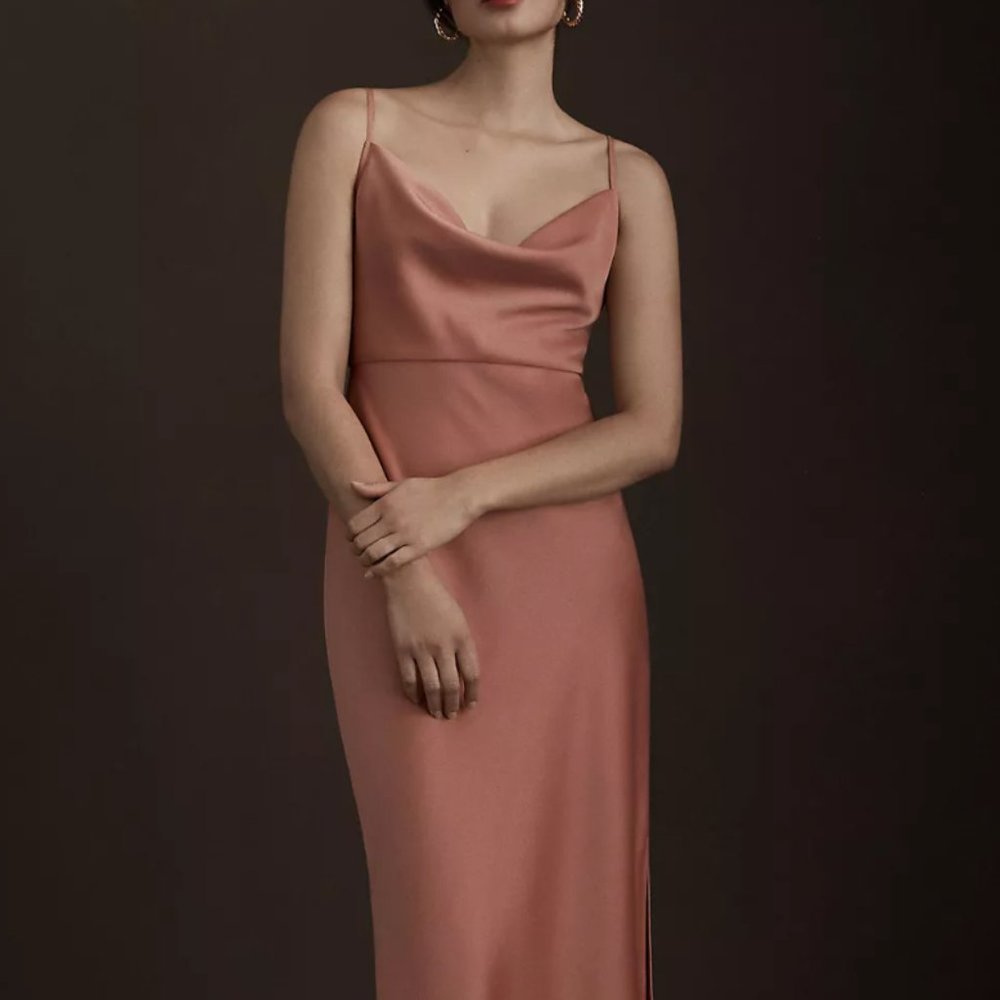 BHLDN Cali Satin Cowl-Neck Midi Slip Dress, Color: Sedona
